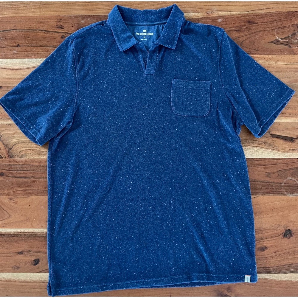 The Normal Brand Mens Terry Cloth Polo XL Blue Space Dye Short Sleeve Pocket